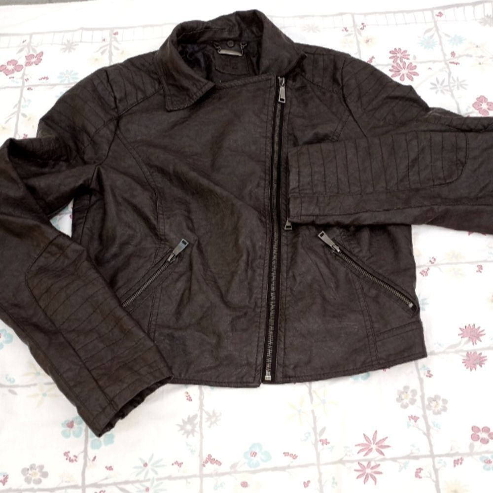 LADIES CROPPED FAUX LEATHER Biker JACKET Dark Brown Longsleeves Zipper SIZE M